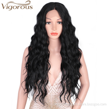 Vigorous Lace Front Wigs 26" Long Wavy Synthetic Wigs for Black Women 150% Density Deep Wave Middle Part Wigs(Natural Black)